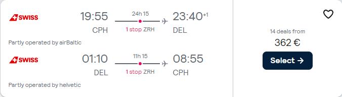 Cheap flights from Copenhagen, Denmark to Delhi or Mumbai, India from only €362 roundtrip with Swiss International Air Lines. Flight deal ticket image.