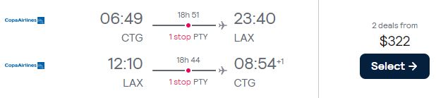 Cheap flights from Cartagena, Colombia to Los Angeles, USA for only $322 USD roundtrip with Copa Airlines. Flight deal ticket image.