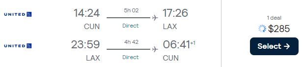 Non-stop flights from Cancun, Mexico to Los Angeles, USA for only $285 USD roundtrip with United Airlines. Flight deal ticket image.