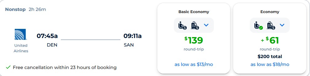 Non-stop flights from Denver, Colorado to San Diego for only $139 roundtrip with United Airlines. Also works in reverse. Flight deal ticket image.