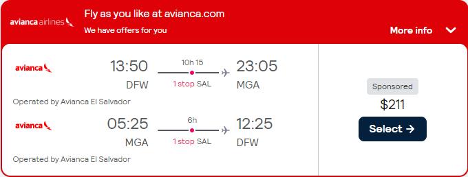 Click here to book this cheap flight deal. Cheap flights from Dallas, Texas to Managua, Nicaragua for only $211 roundtrip. Flight deal ticket image.