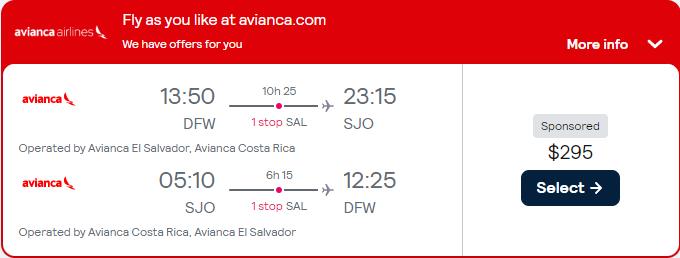Cheap flights from Dallas, Texas to San Jose, Costa Rica for only $295 roundtrip with Avianca. Flight deal ticket image.