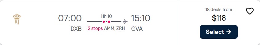 Cheap flights from Dubai, UAE to Geneva, Switzerland for only $118 USD one-way. Flight deal ticket image.