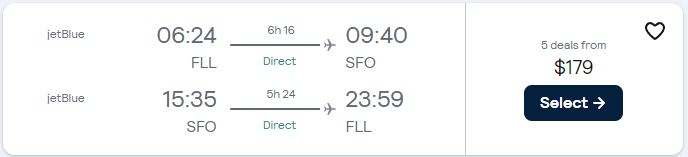 Non-stop flights from Fort Lauderdale to San Francisco for only $179 roundtrip with JetBlue. Also works in reverse. Flight deal ticket image.