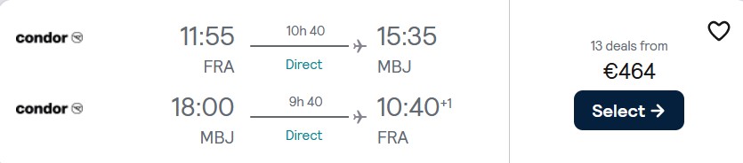 Click here to book this cheap flight deal. Non-stop flights from Frankfurt, Germany to Montego Bay, Jamaica for only €464 roundtrip. Flight deal ticket image.