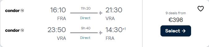 Non-stop, last second flights from Frankfurt, Germany to Varadero, Cuba for only €398 roundtrip. **Flight departs tomorrow – 23rd February 2024** Flight deal ticket image.
