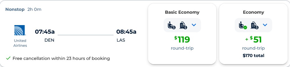 Non-stop flights from Denver, Colorado to Las Vegas for only $119 roundtrip with United Airlines. Also works in reverse. Flight deal ticket image.