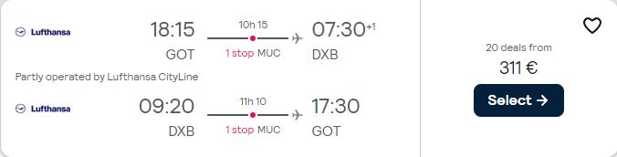 Cheap flights from Gothenburg, Sweden to Dubai, UAE for only €311 roundtrip with Lufthansa. Flight deal ticket image.