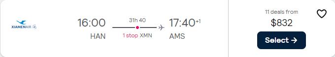 Business Class flights from Hanoi, Vietnam to Amsterdam, Netherlands for only $832 USD one-way with Xiamen Airlines. Flight deal ticket image.