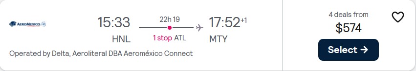 Last minute Business Class flights from Honolulu, Hawaii to Monterrey, Mexico for only $574 one-way with Delta Air Lines. Flight deal ticket image.
