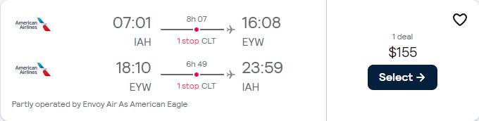 Cheap flights from Houston, Texas to Key West, Florida for only $155 roundtrip with American Airlines. Also works in reverse. Flight deal ticket image.