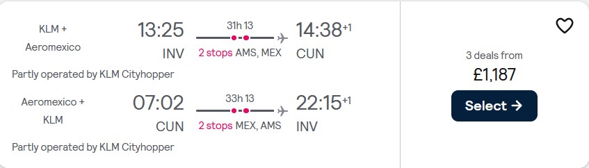 Business Class flights from Inverness, Scotland to Cancun or Mexico City, Mexico from only £1187 roundtrip with KLM and Aeromexico. Flight deal ticket image.