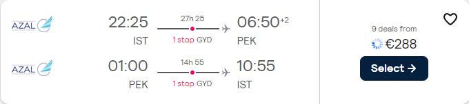 Cheap flights from Istanbul, Turkey to Beijing, China for only €288 roundtrip. Flight deal ticket image.