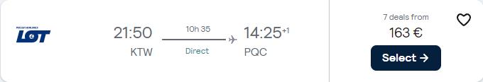 Click here to book this cheap flight deal. Non-stop flights from Katowice, Poland to Phu Quoc, Vietnam for only €163 one-way with LOT Polish Airlines. Flight deal ticket image.