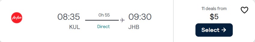 Click here to book this cheap flight deal. Non-stop, last minute flights from Kuala Lumpur, Malaysia to Malaysian cities for only $5 USD one-way. Flight deal ticket image.