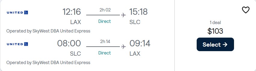 Non-stop flights from Los Angeles to Salt Lake City, Utah for only $103 roundtrip with United Airlines. Also works in reverse. Flight deal ticket image.