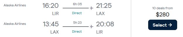 Non-stop flights from Liberia, Costa Rica to Los Angeles, USA for only $280 USD roundtrip with Alaska Airlines. Flight deal ticket image.