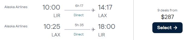 Non-stop flights from Liberia, Costa Rica to Los Angeles, USA for only $287 USD roundtrip with Alaska Airlines. Flight deal ticket image.