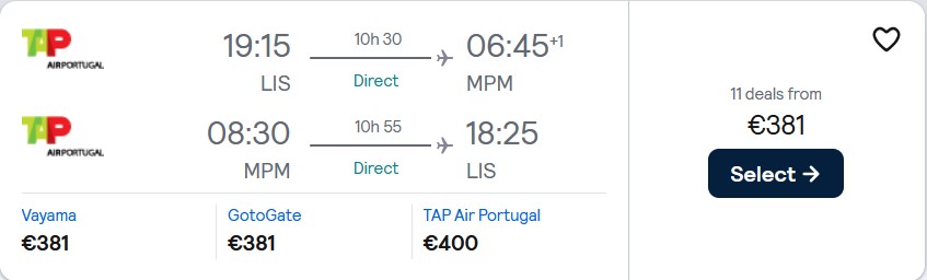 Non-stop flights from Lisbon, Portugal to Maputo, Mozambique for only €381 roundtrip with TAP Air Portugal. Flight deal ticket image.