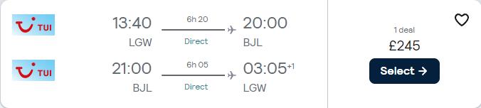 Non-stop flights from London, UK to Banjul, Gambia for only £245 roundtrip. Flight deal ticket image.