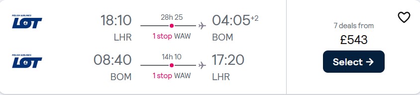 Click here to book this cheap flight deal. Premium Economy flights from London, UK to Mumbai, India for only £543 roundtrip with LOT Polish Airlines. Flight deal ticket image.