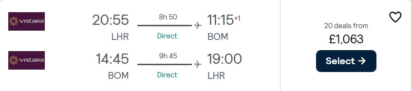 Business Class flights from London, UK to Mumbai, India for only £1063 roundtrip. Flight deal ticket image.