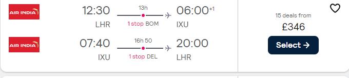 Click here to book this cheap flight deal. Cheap flights from London, UK to Aurangabad, India for only £346 roundtrip. Flight deal ticket image.