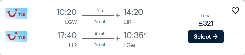 Non-stop, last minute flights from London, UK to Liberia, Costa Rica for only £321 roundtrip. Flight deal ticket image.