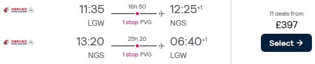 Click here to book this cheap flight deal. Cheap flights from London, UK to Nagasaki, Japan for only £397 roundtrip. Flight deal ticket image.