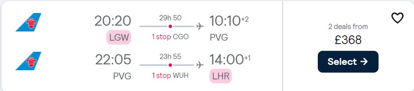 Cheap flights from London, UK to Shanghai, China for only £368 roundtrip. Flight deal ticket image.