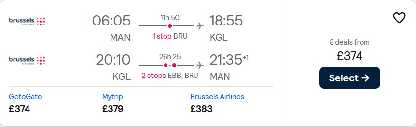 Click here to book this cheap flight deal. Cheap flights from Manchester, UK to Kigali, Rwanda for only £374 roundtrip with Brussels Airlines. Flight deal ticket image.