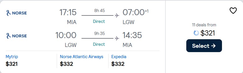 Non-stop flights from Miami to London, UK for only $321 roundtrip. Flight deal ticket image.