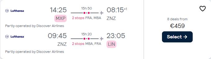 Cheap flights from Italian cities to Zanzibar, Tanzania from only €459 roundtrip with Lufthansa. Flight deal ticket image.