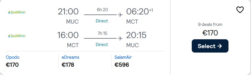 Click here to book this cheap flight deal. Non-stop flights from Munich, Germany to Muscat, Oman for only €170 roundtrip. Flight deal ticket image.