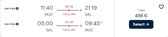 Cheap flights from Munich, Germany to San Salvador, El Salvador for only €498 roundtrip with United Airlines. Flight deal ticket image.