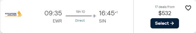 Premium Economy flights from New York to Singapore for only $532 one-way with Singapore Airlines. Flight deal ticket image.