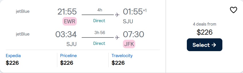 Non-stop flights from New York to San Juan, Puerto Rico for only $226 roundtrip with JetBlue. Flight deal ticket image.