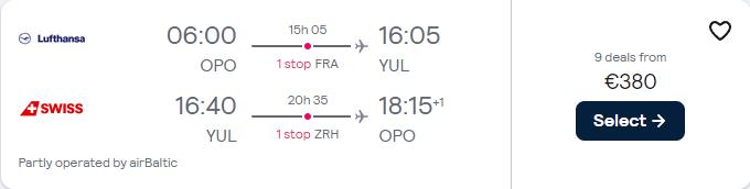 Cheap flights from Porto, Portugal to Montreal, Canada for only €380 roundtrip with Lufthansa and Swiss International Air Lines. Flight deal ticket image.