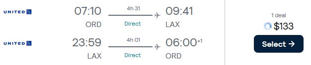 Non-stop flights from Chicago to Los Angeles for only $133 roundtrip with United Airlines. Also works in reverse. Flight deal ticket image.