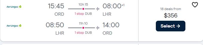 Cheap flights from Chicago to London, UK for only $356 roundtrip with Aer Lingus. Flight deal ticket image.