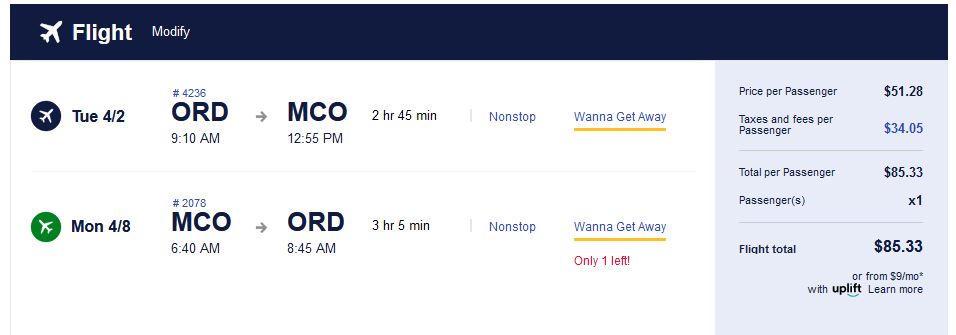 Non-stop flights from Chicago, USA to Orlando, USA for only $85 roundtrip. Flight deal ticket image.