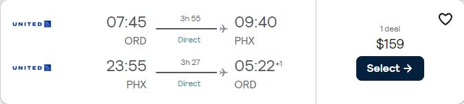 Non-stop flights from Chicago to Phoenix, Arizona for only $159 roundtrip with United Airlines. Also works in reverse. Flight deal ticket image.