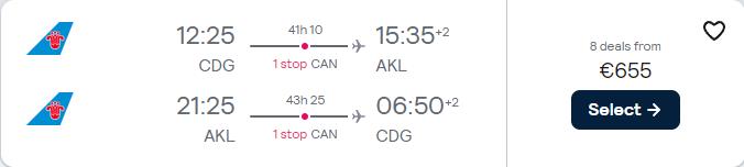 Cheap flights from Paris, France to Auckland, New Zealand for only €655 roundtrip. Flight deal ticket image.