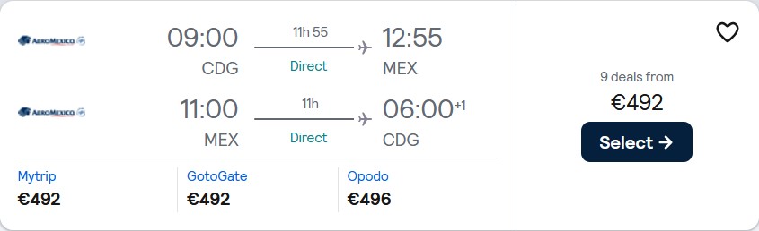 Non-stop flights from Paris, France to Mexico City, Mexico for only €492 roundtrip with Aeromexico. Flight deal ticket image.