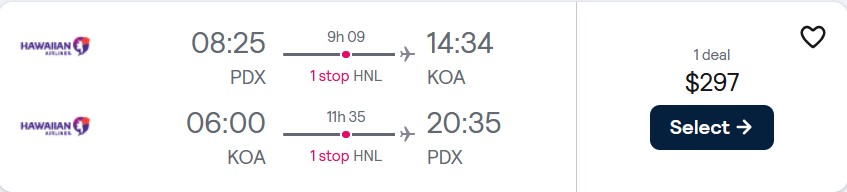 Cheap flights from Portland, Oregon to Kona, Hawaii for only $297 roundtrip with Hawaiian Airlines. Also works in reverse. Flight deal ticket image.