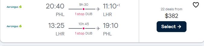 Cheap flights from Philadelphia to London, UK for only $382 roundtrip with Aer Lingus. Flight deal ticket image.