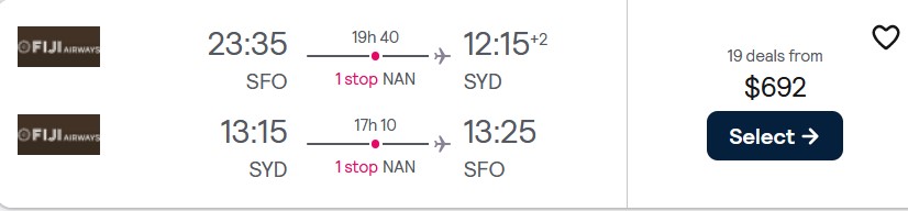 Cheap flights from San Francisco to Sydney, Australia for only $692 roundtrip with Fiji Airways. Flight deal ticket image.