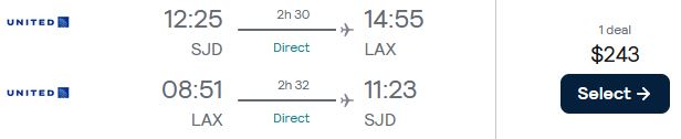Non-stop flights from San Jose del Cabo, Mexico to Los Angeles, USA for only $243 USD roundtrip with United Airlines. Flight deal ticket image.