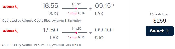 Cheap flights from San Jose, Costa Rica to Los Angeles, USA for only $259 USD roundtrip with Avianca. Flight deal ticket image.