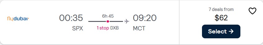Last minute Error Fare Business Class flights from Cairo, Egypt to Muscat, Oman for only $62 USD one-way. Flight deal ticket image.